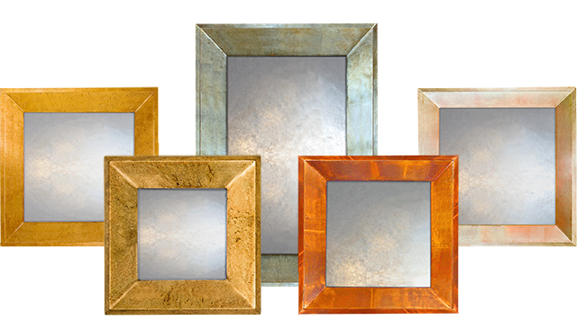 raked category shot, showing collage of different raked mirrors with black frames and various designs.