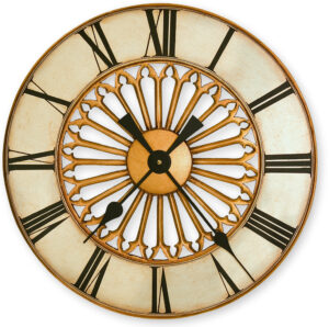 Rose window styled Gothic Round Clock in gold and silver leaf.