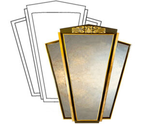 An art deco wall mirror design, with black frame and geometric pattern.