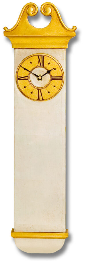 Colonial Wall Clock with scroll pediment in silver and gold.