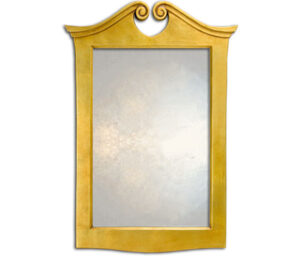 Gold overmantle mirror with classical scrolled top.