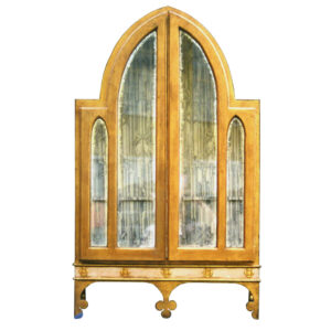 gothic display cabinet with silver body and glass door