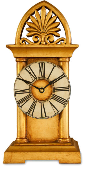 Gothic Mantel Clock with star burst crest in gold and silver leaf.