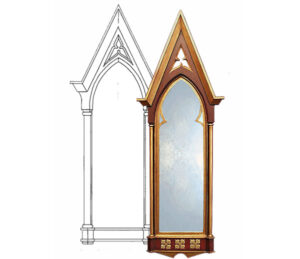 gothic mirror and overmantle design, with black frame and gothic design, and pendulum.