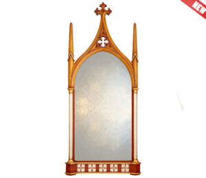 Gothic ogee arched decorative mirror in red & gold leaf.