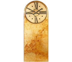 Marbled gold mantel clock with round dial.
