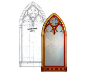 An overmantle mirror design, with black frame.