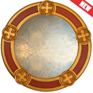 Pugin inspired large round decorative mirror in red and gold leaf.