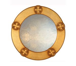 Large round quatrefoil shaped decorative mirror in gold leaf.