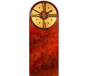 Red mantel clock with black marbling & square dial.