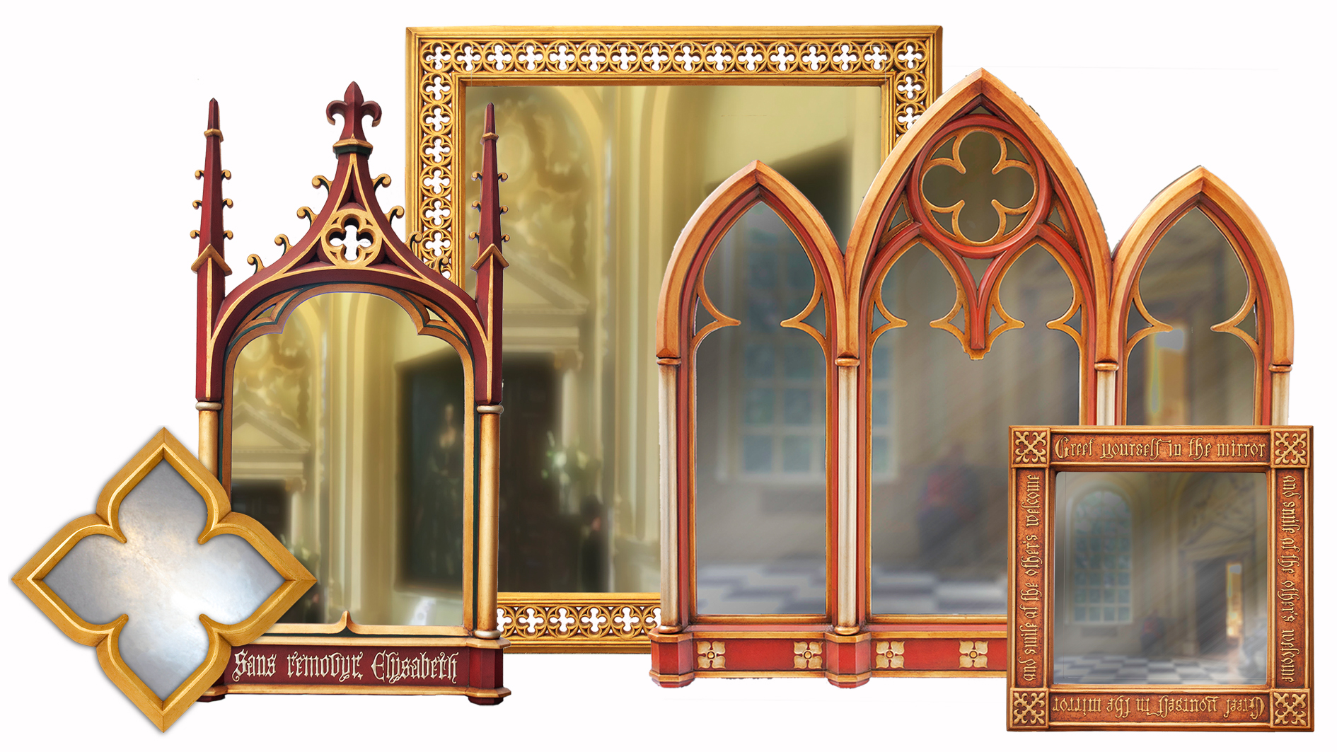 collage of four gothic mirrors with gilded frames