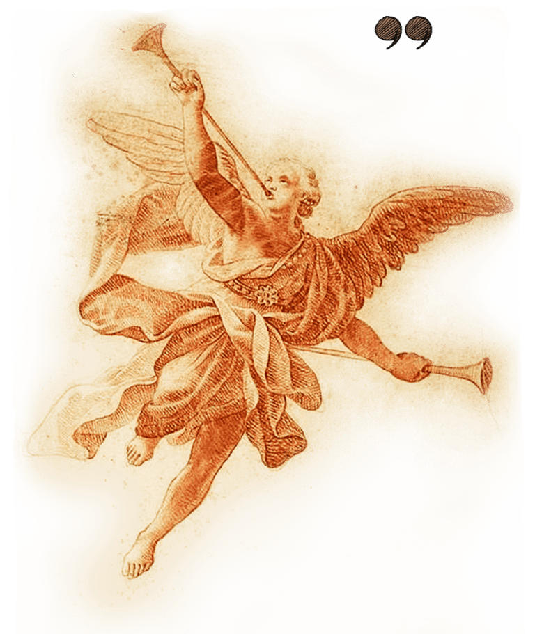 silhouette of an angel with wings and halo, holding trumpet.