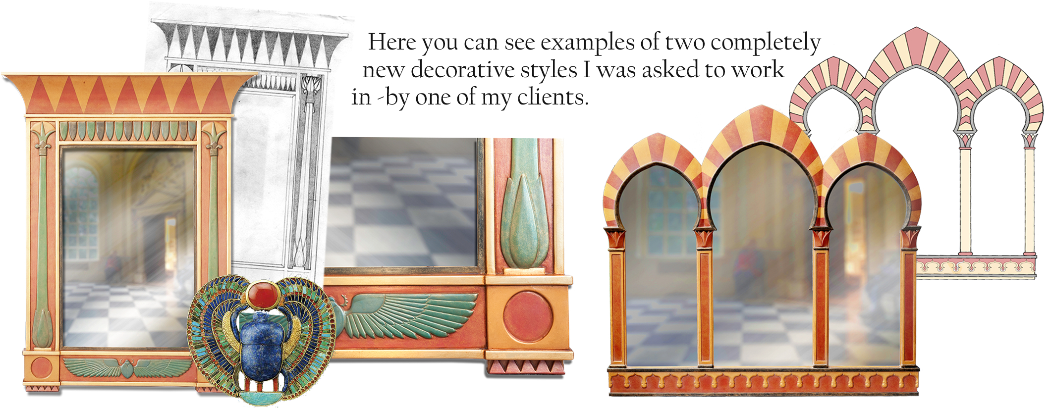 Examples of my bespoke mirrors in new decorative styles.